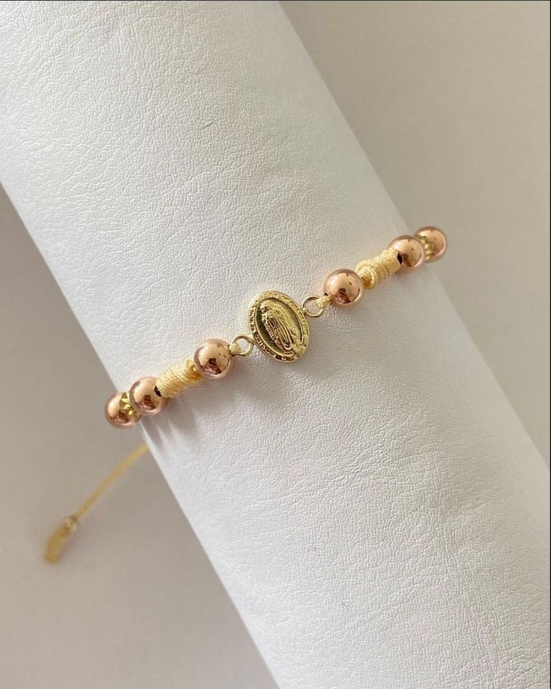 Pulsera dije Guadalupe con balines tono rosa #5